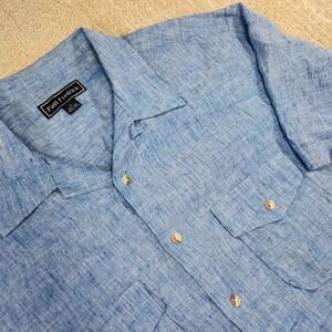 Paul Fredrick Shirt Men Large Chambray Linen Loop Collar Camp Button Up Blue